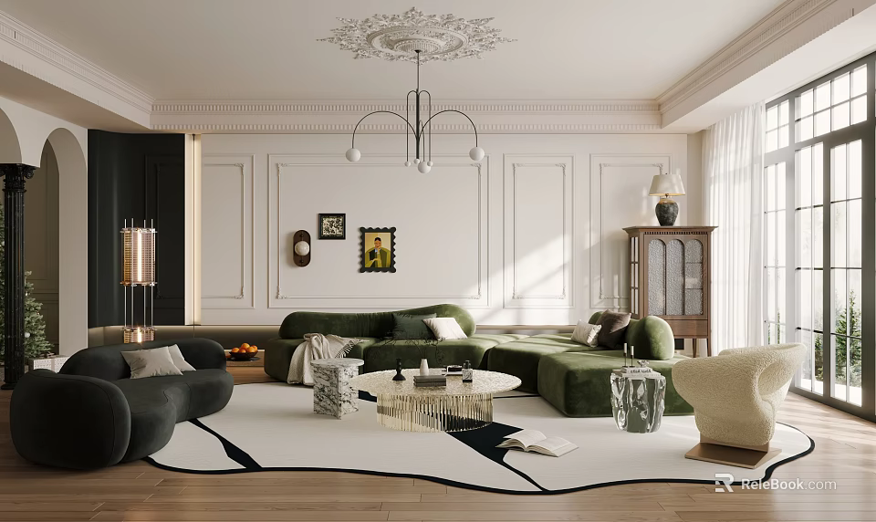 Elegant Bright French Style Living Room With Soft Velvet Sofa And Exquisite Chic Home Decor 3d model 