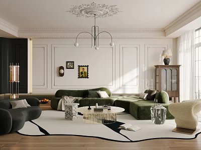 Elegant Bright French Style Living Room With Soft Velvet Sofa And Exquisite Chic Home Decor 3d model