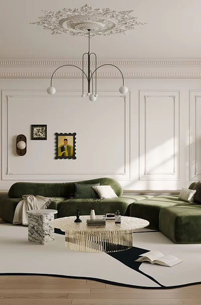 Elegant Bright French Style Living Room With Soft Velvet Sofa And Exquisite Chic Home Decor 3d model