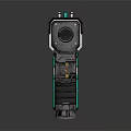 Sleek Futuristic Sci Fi Weapon Featuring Black White Teal Colors Yellow Accents and Warning Symbol