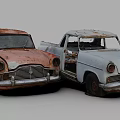 Old Rusted Red And White Abandoned Cars With Open Doors And Worn Exteriors