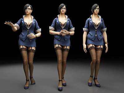 Women in Blue Uniform Dresses with Black Stockings High Heels and Glasses in Different Poses 3d model