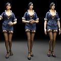 Women in Blue Uniform Dresses with Black Stockings High Heels and Glasses in Different Poses