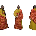 A Man Wearing Traditional Yellow And Red Robe In Front Side Back Views