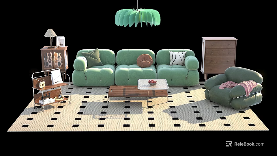 Green Sofa And Coffee Table Set With Modern Chandelier Side Table And Patterned Rug 3d model