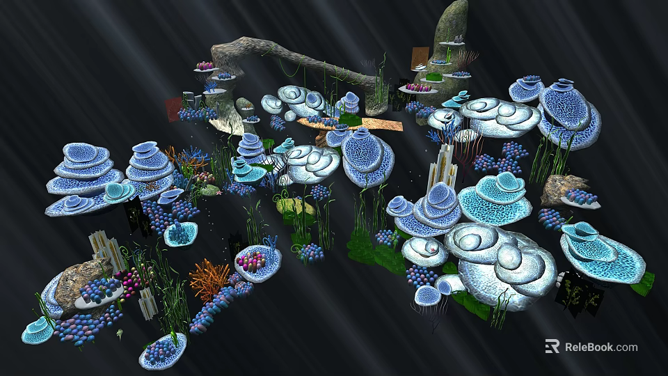 Colorful Cartoon Fantasy Scene With Mushroom Structures Lush Plants And Stone Accents 3d model 