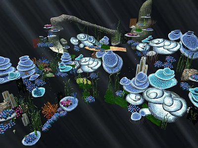 Colorful Cartoon Fantasy Scene With Mushroom Structures Lush Plants And Stone Accents 3d model