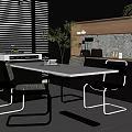 Modern Restaurant Interior With Dining Table Chairs Blinds And Green Plant 3d model
