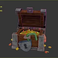 Open Wooden Treasure Chest With Metal Lock And Scattered Gold Coins Inside