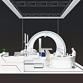 Futuristic White Circular Exhibition Space Interior With Display Counters And Equipment 3d model