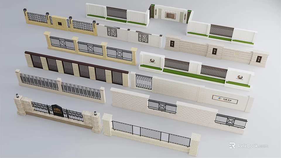 Various Landscape Wall Designs With Metal Railings And Decorative Patterns 3d model
