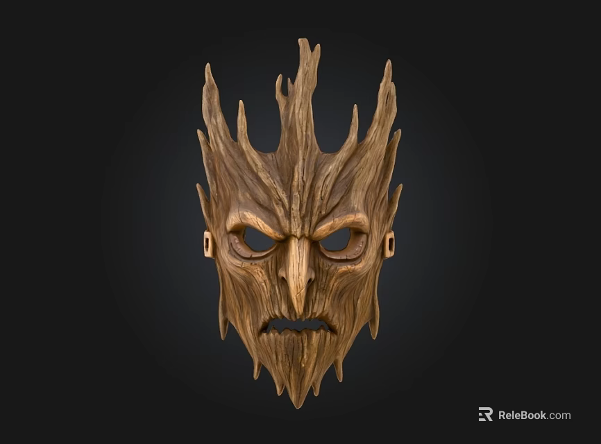 Handcrafted Wooden Mask With Bark Like Texture And Facial Features On Black Background 3d model 