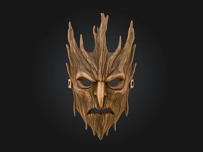 Handcrafted Wooden Mask With Bark Like Texture And Facial Features On Black Background 3d model