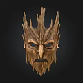 Handcrafted Wooden Mask With Bark Like Texture And Facial Features On Black Background
