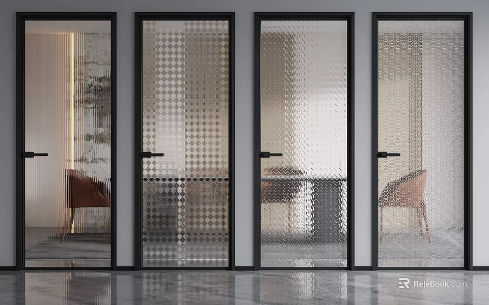 Modern Hinged Doors with Various Glass Patterns and Black Frames in Contemporary Interior Space 3d model