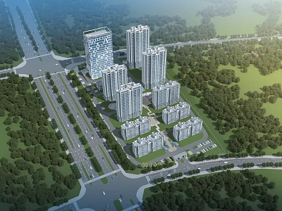 Modern Residential Buildings with Green Trees and Roads in Urban Community Layout 3d model