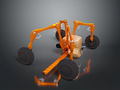 Orange Industrial Mechanical Robot With Multiple Arms And Large Black Wheels 3d model