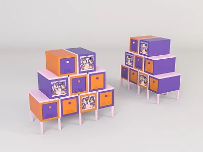 Colorful Console Cabinet and Side Cabinet with Purple Orange Drawers Cartoon Patterns Pink Legs 3d model