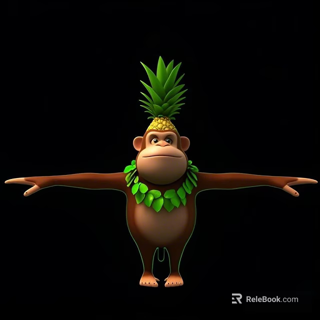 Cartoon Reptile With Pineapple Hat And Green Leaf Necklace Arms Outstretched On Black Background 3d model 