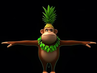 Cartoon Reptile With Pineapple Hat And Green Leaf Necklace Arms Outstretched On Black Background 3d model