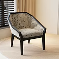Modern Accent Chair With Swirl Pattern Fabric Upholstery And Dark Wooden Frame In Living Room Interior