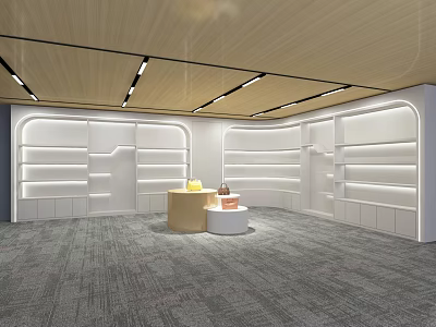 Modern Retail Store with White Display Shelves Wooden Ceiling and Round Stand in Center 3d model