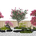 Flowering Trees Ferns And Moss Plant Combination With Wooden Fence Decorative Stones And Sunset Sky