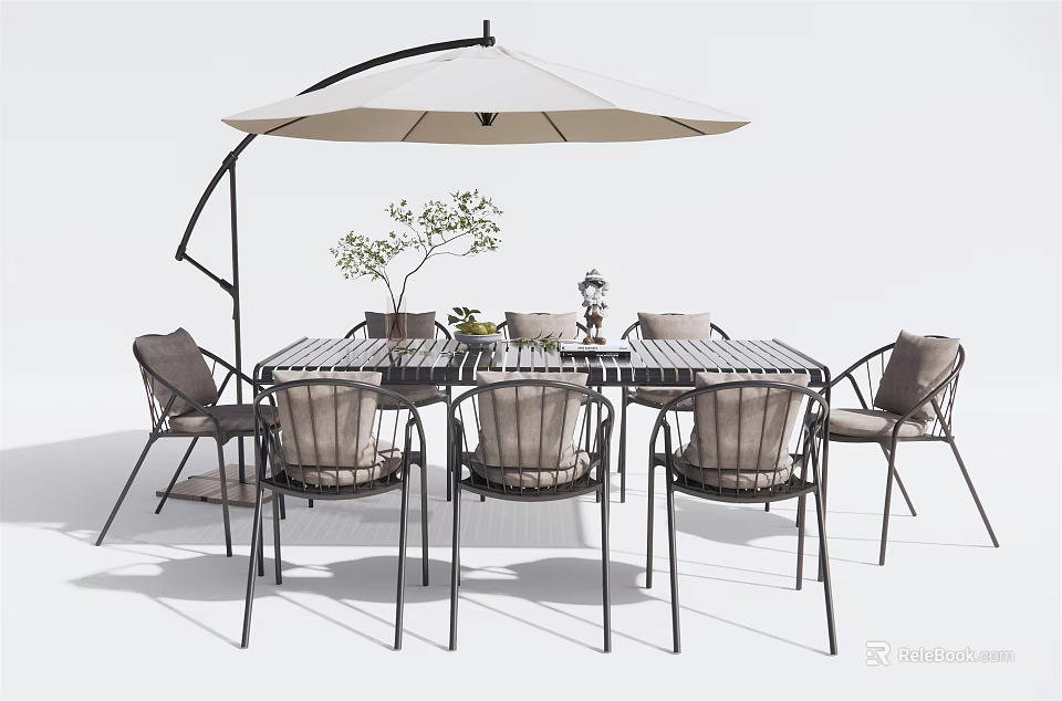 Outdoor Patio Dining Table and Chairs Set With Large Cantilever Umbrella and Decorative Plants 3d model 