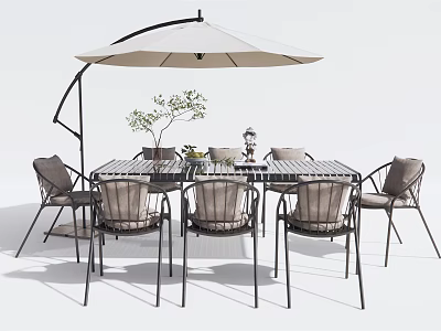 Outdoor Patio Dining Table and Chairs Set With Large Cantilever Umbrella and Decorative Plants 3d model