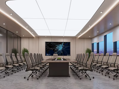 Modern Conference Room Interior With Long Table Multiple Chairs Large Screen Windows And Plants 3d model