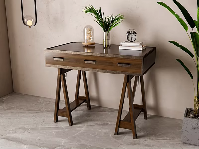 Natural Wooden Dressing Table Interior With Drawers Green Plants Hanging Lamp And Decorative Items 3d model