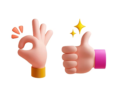 Cartoon Organ Hand Gestures OK Sign With Orange Lines And Thumbs Up Yellow Stars Decoration 3d model