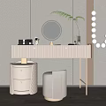 Elegant Modern Dressing Table With Golden Legs Round Mirror And Fern Plant By Beige Stool