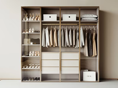 Organized Modern Wardrobe Design With Hanging Clothes Drawers Shoe Racks And Storage Boxes 3d model