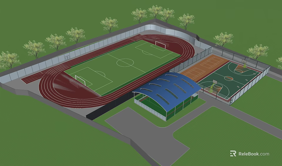 Football Field With Red Running Track Basketball Court Covered Stand And Trees 3d model 