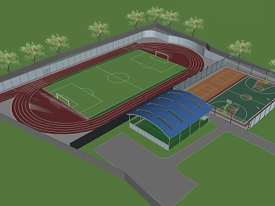 Football Field With Red Running Track Basketball Court Covered Stand And Trees 3d model