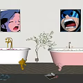 White and Pink Freestanding Bathtubs with Gold Faucet Wall Art Green Plant and Rug in Bathroom