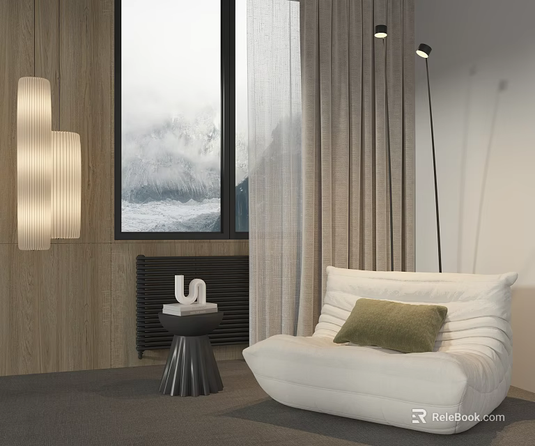 White Lazy Sofa with Green Cushion in Modern Living Room Wooden Wall and Window 3d model 