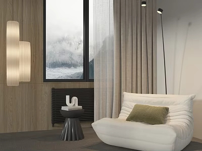 White Lazy Sofa with Green Cushion in Modern Living Room Wooden Wall and Window 3d model