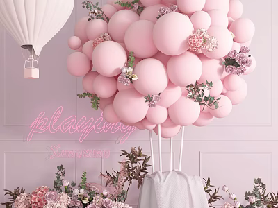 Pink Balloons Arrangement With Flower Decor And Neon Sign For Party Supplies 3d model