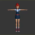 Cartoon Girl With Red Hair Standing In Blue Overalls Arms Outstretched Pink Shoes White Socks