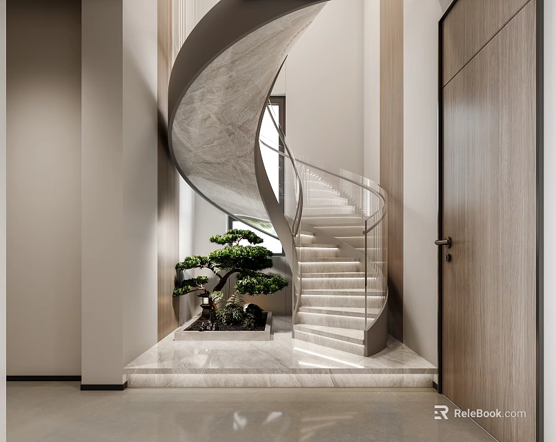 Elegant Modern Spiral Staircase Interior With Marble Steps Glass Railing And Potted Tree 3d model 