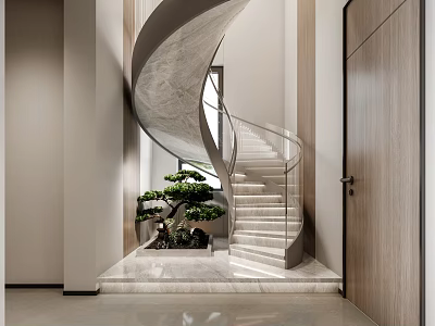 Elegant Modern Spiral Staircase Interior With Marble Steps Glass Railing And Potted Tree 3d model