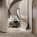 Elegant Modern Spiral Staircase Interior With Marble Steps Glass Railing And Potted Tree