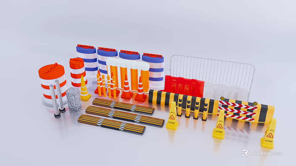 Essential Road Facilities With Traffic Cones Barriers Warning Tapes And Safety Signs 3d model 