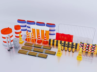 Essential Road Facilities With Traffic Cones Barriers Warning Tapes And Safety Signs 3d model