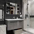 Modern Bathroom Interior Design With Black Tiled Walls Glass Shower White Toilet And Wooden Cabinets