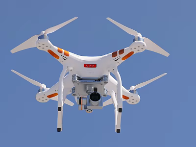 White Drone With Four Propellers And Camera Flying In Blue Sky 3d model