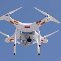 White Drone With Four Propellers And Camera Flying In Blue Sky 3d model