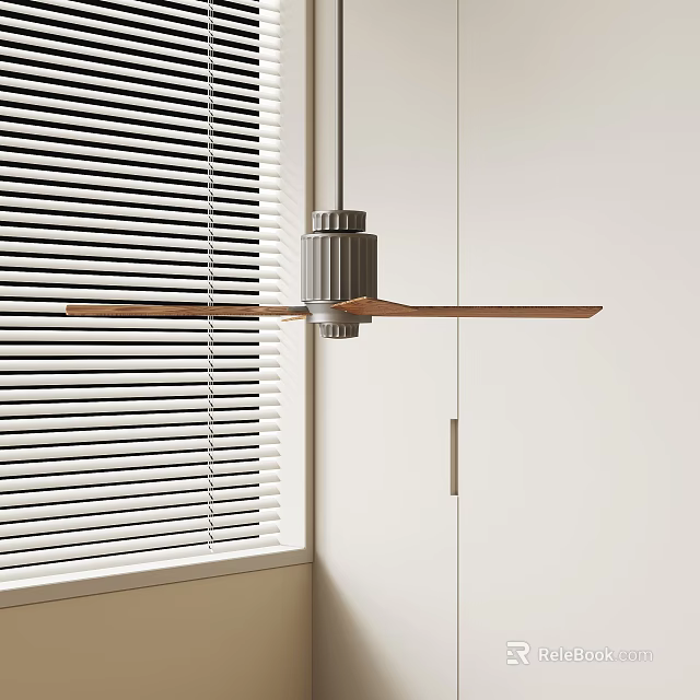 Elegant Cooling Ceiling Fan Design In Modern Kitchen With White Cabinets And Window Blinds 3d model 